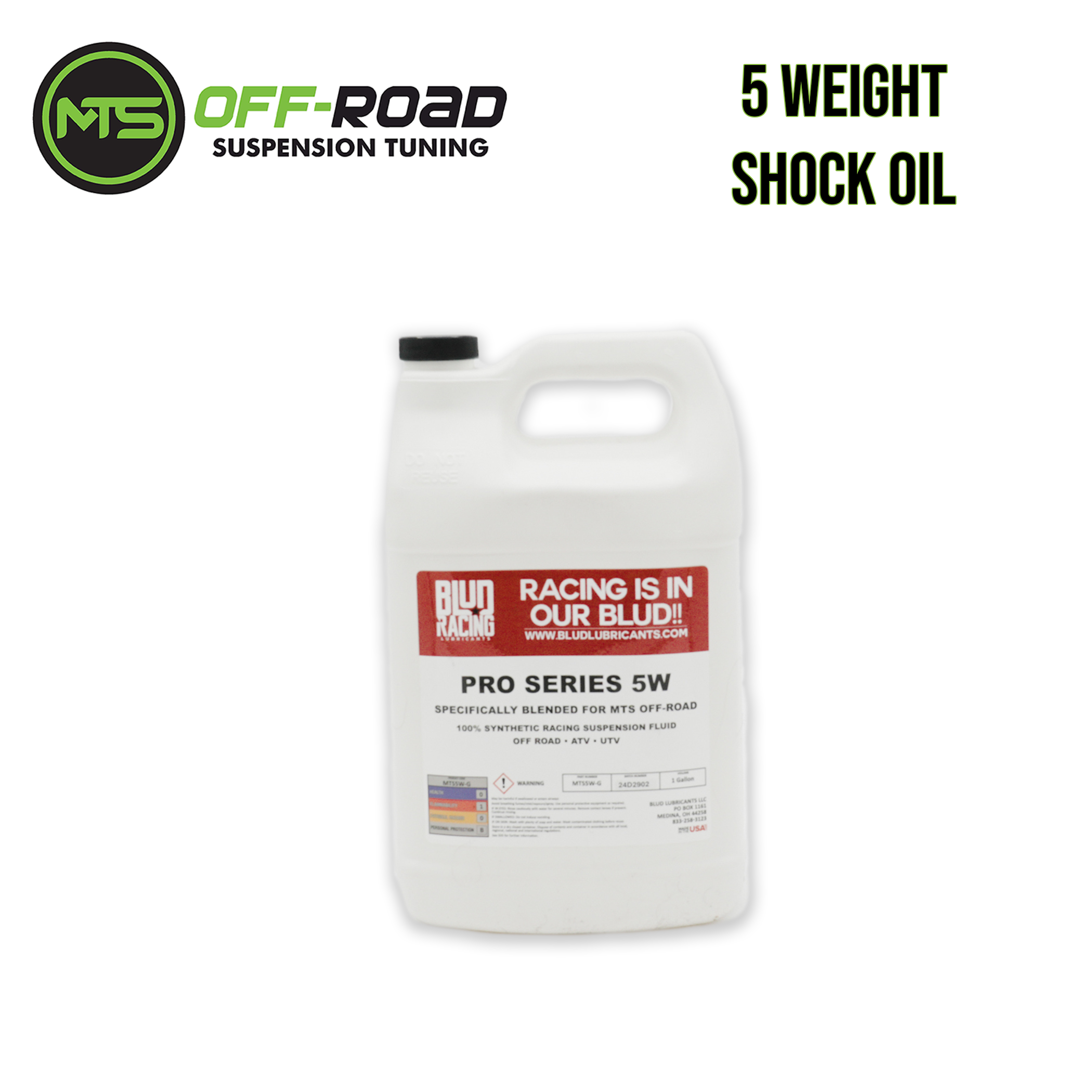 1 Gallon container of 5W Blud Racing Shock Oil with branding and product information on the label.