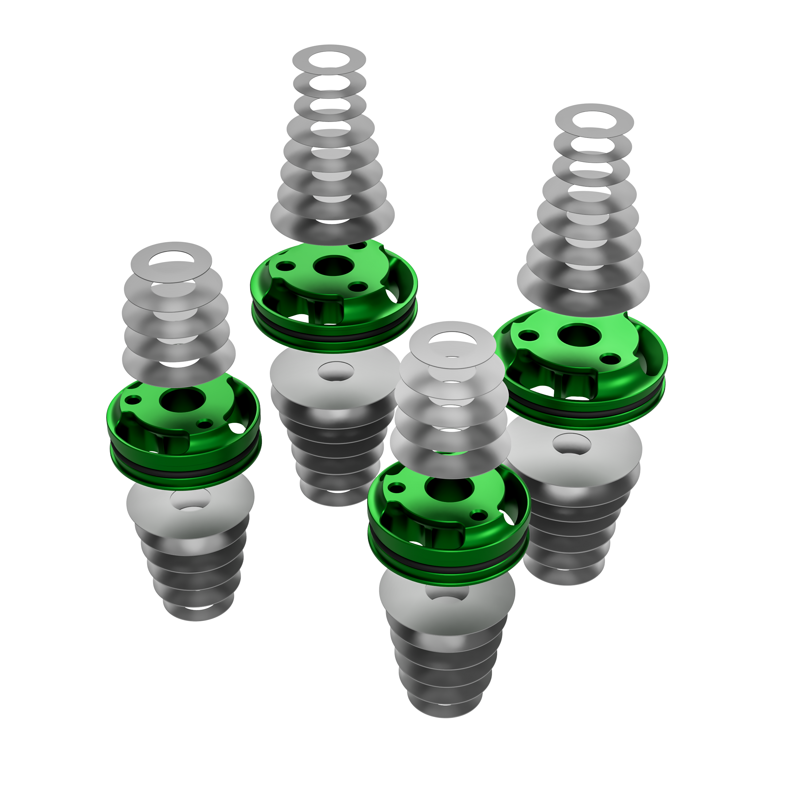 Set of mechanical components with green and silver colors on transparent background