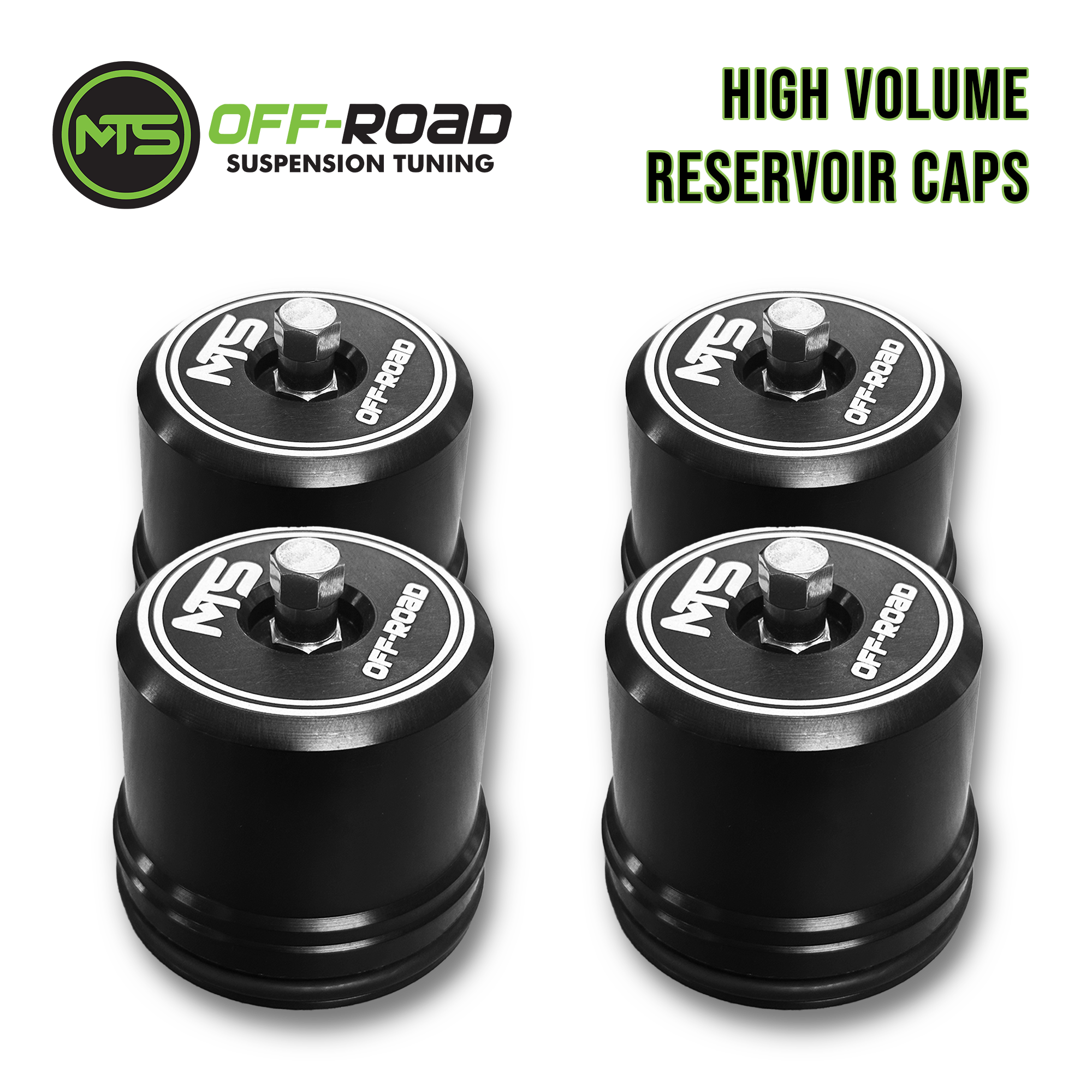 Four black reservoir caps with the MTS Off-Road brand logo, designed for Fox Shocks, with text highlighting 'HIGH VOLUME RESERVOIR CAPS'.
