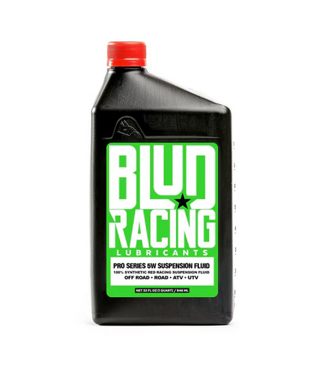 A bottle of Blud Racing FOX 5W 1 Quart motor oil with a green and black label.