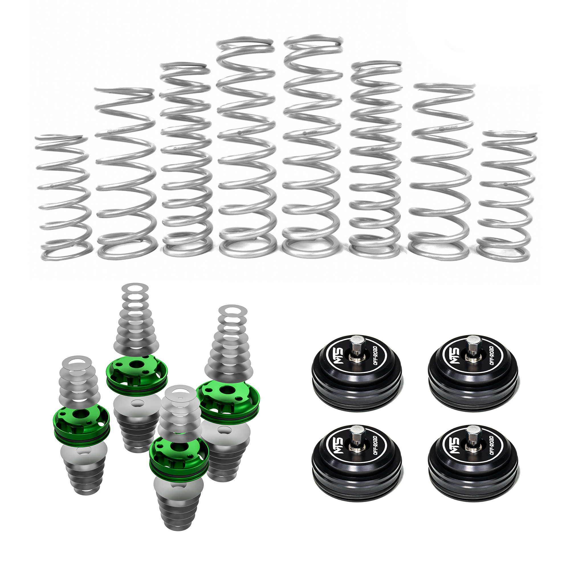 MTS Off-Road Can-Am Maverick R Full Tune springs and revalved shock components on a white background