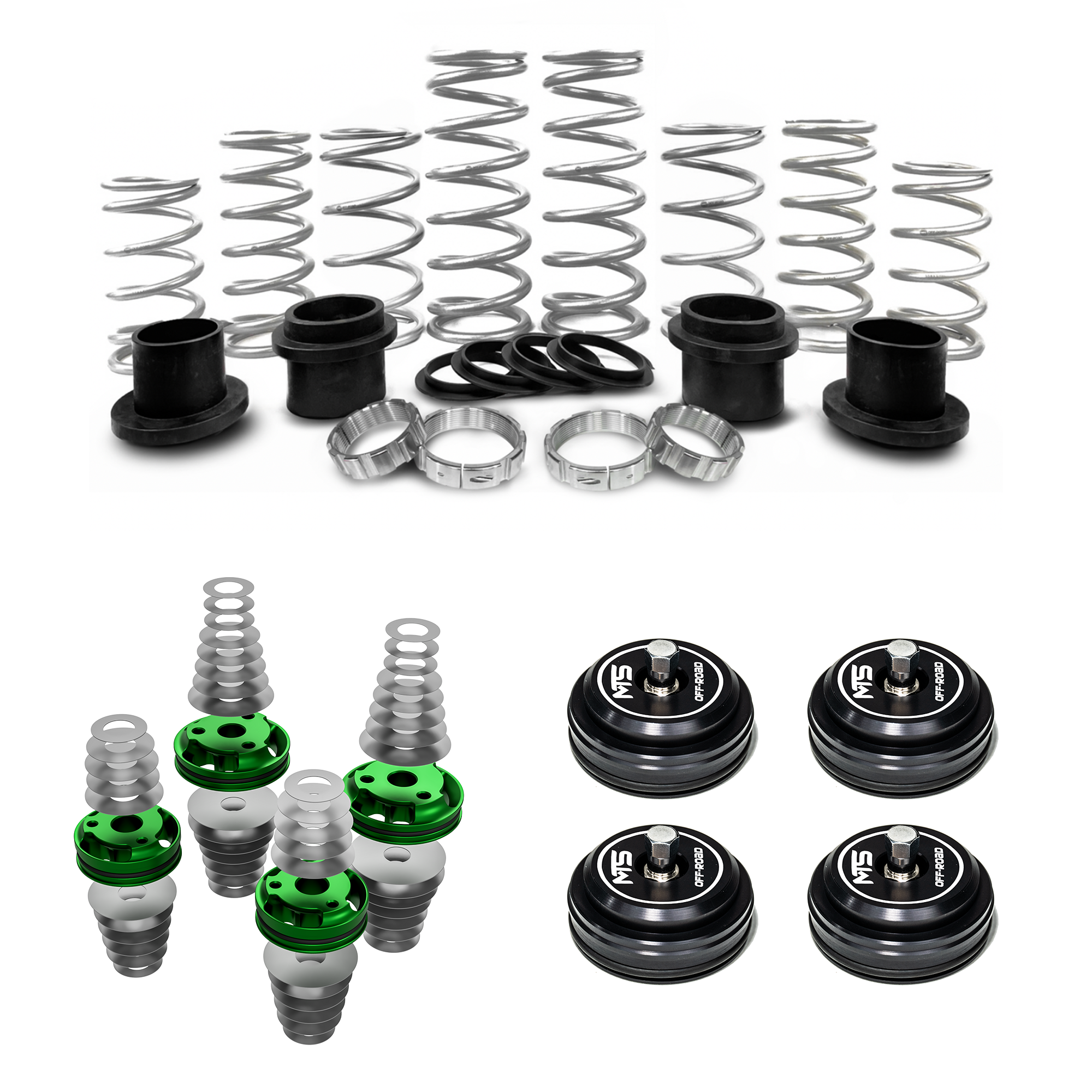 Collection of automotive suspension components including springs, shock absorbers, and bushings on a white background.