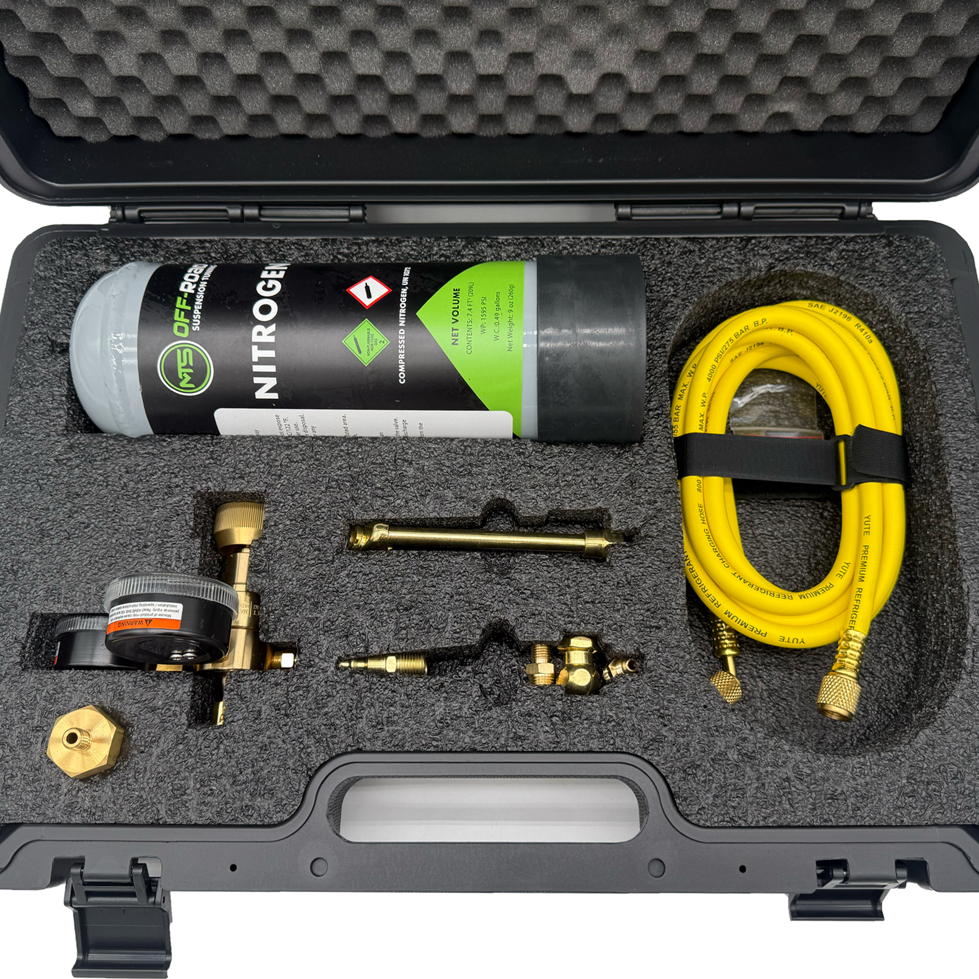 MTS Offroad Nitrogen tank and accessories in a black foam-lined case