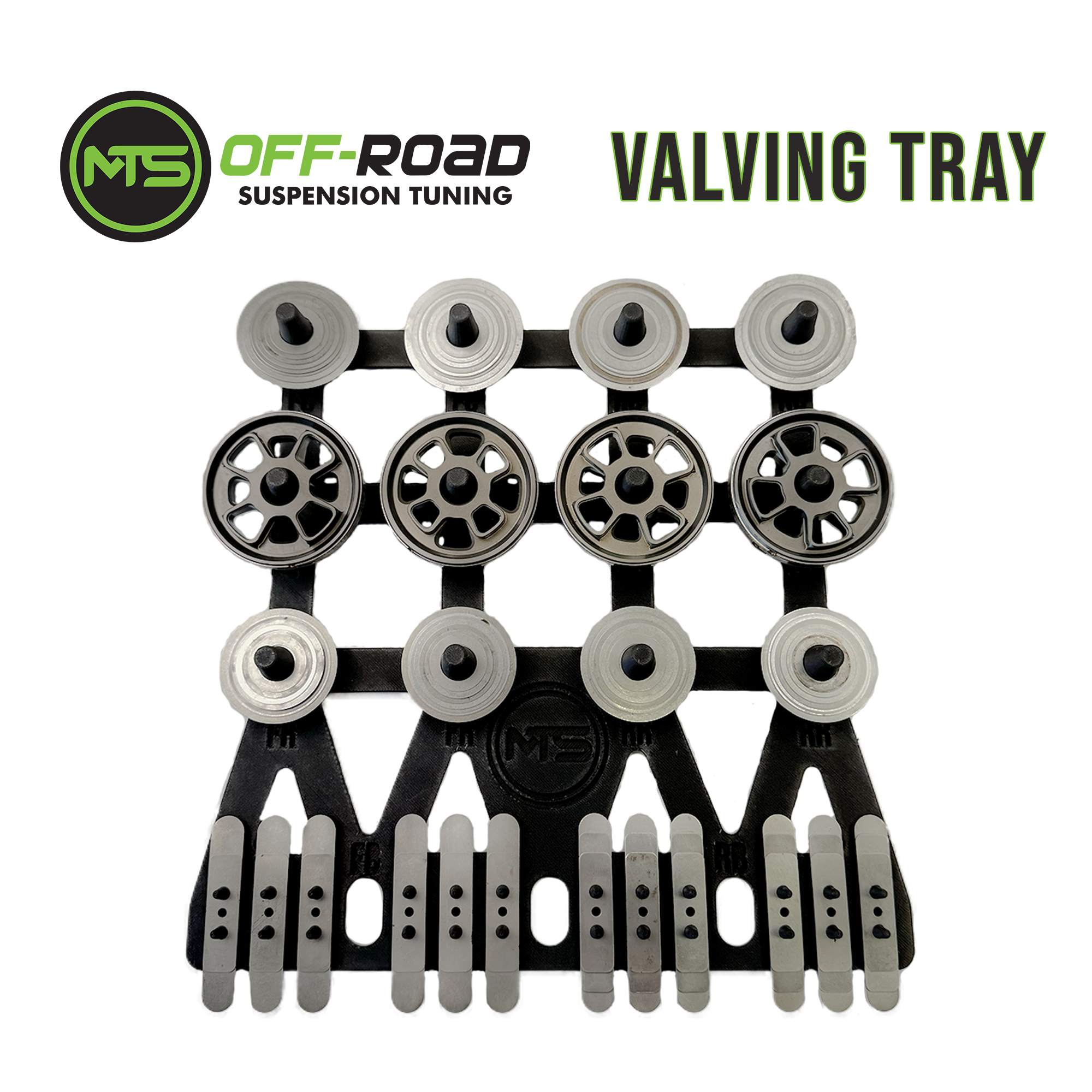 A black valving tray organizer with multiple compartments, designed for storing and organizing shock valving components.