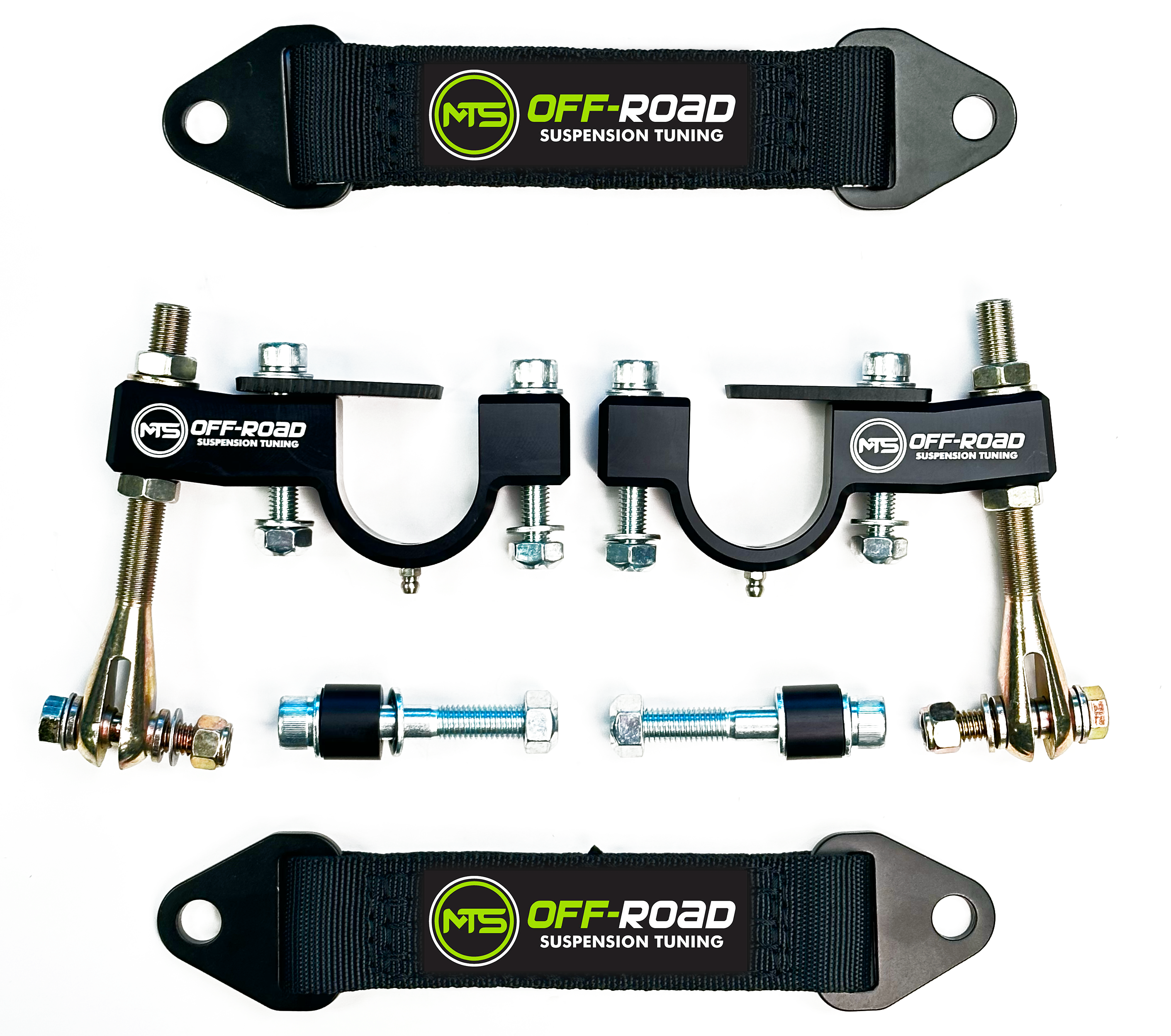 A set of black metal limit straps with the MTS Off-Road logo, designed for shock protection on Polaris RZR vehicles.