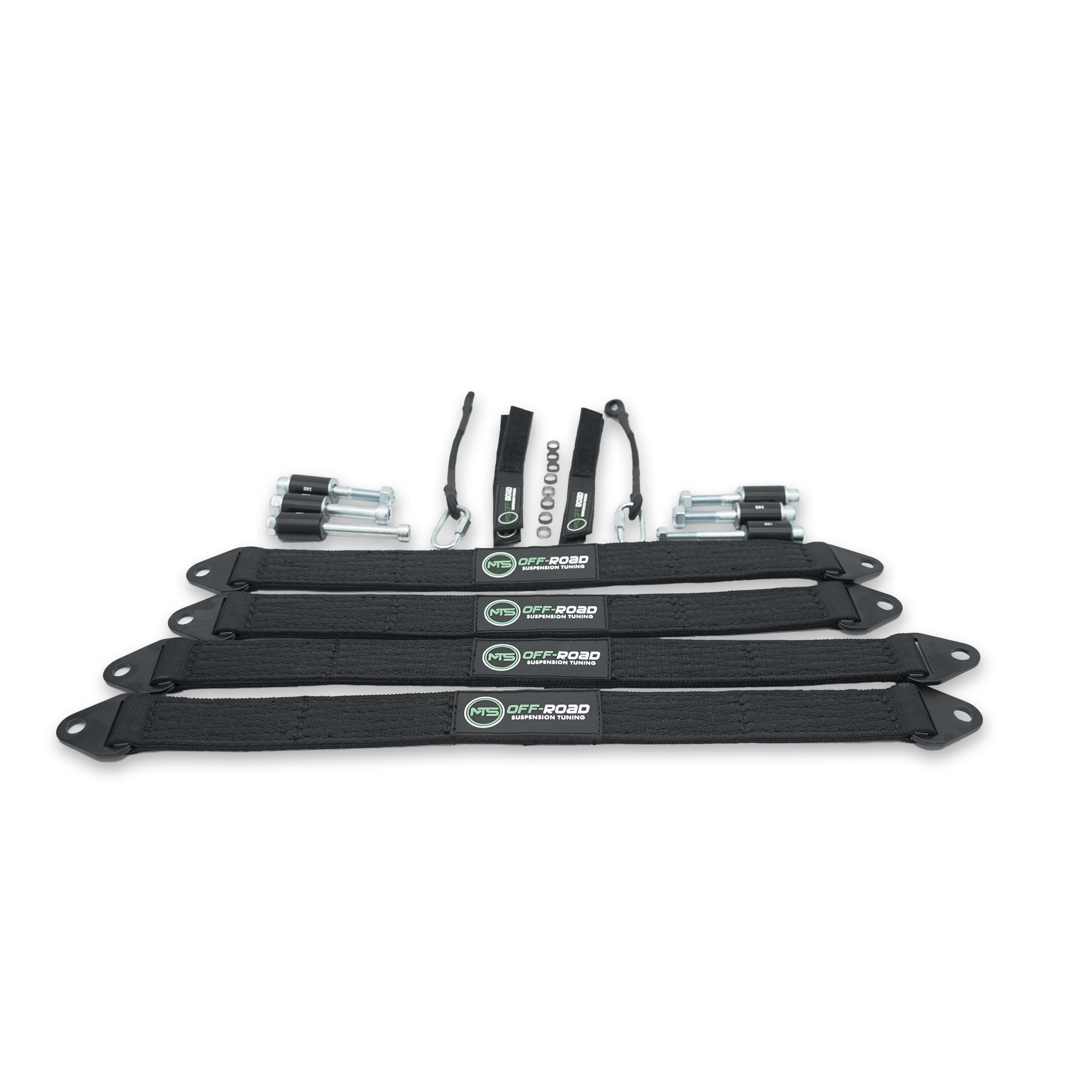 A set of black MTS Off-Road Polaris XPEDITION Limit Strap Kit designed for shock protection on off-road vehicles.