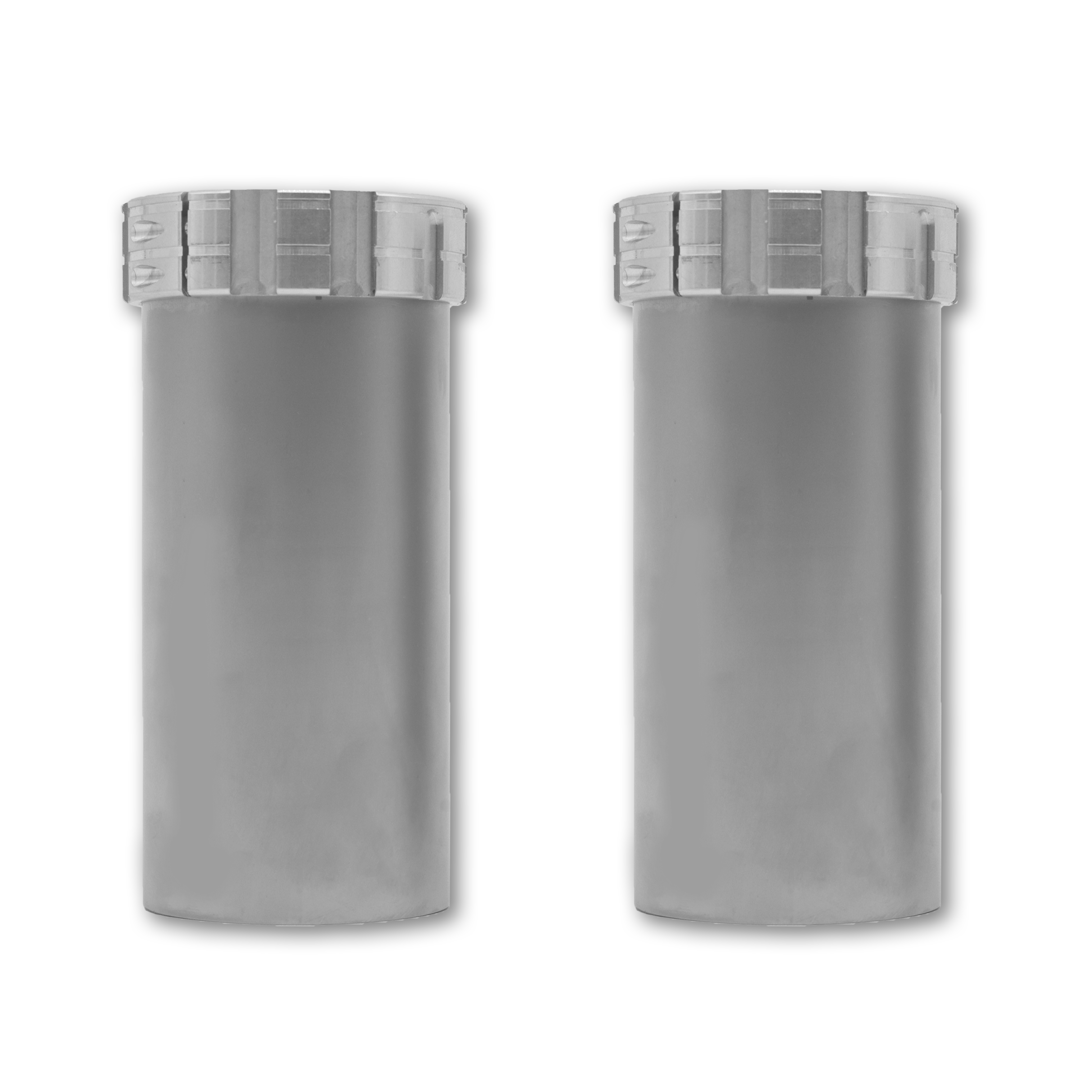Two cylindrical metal filters with silver tops on a white background