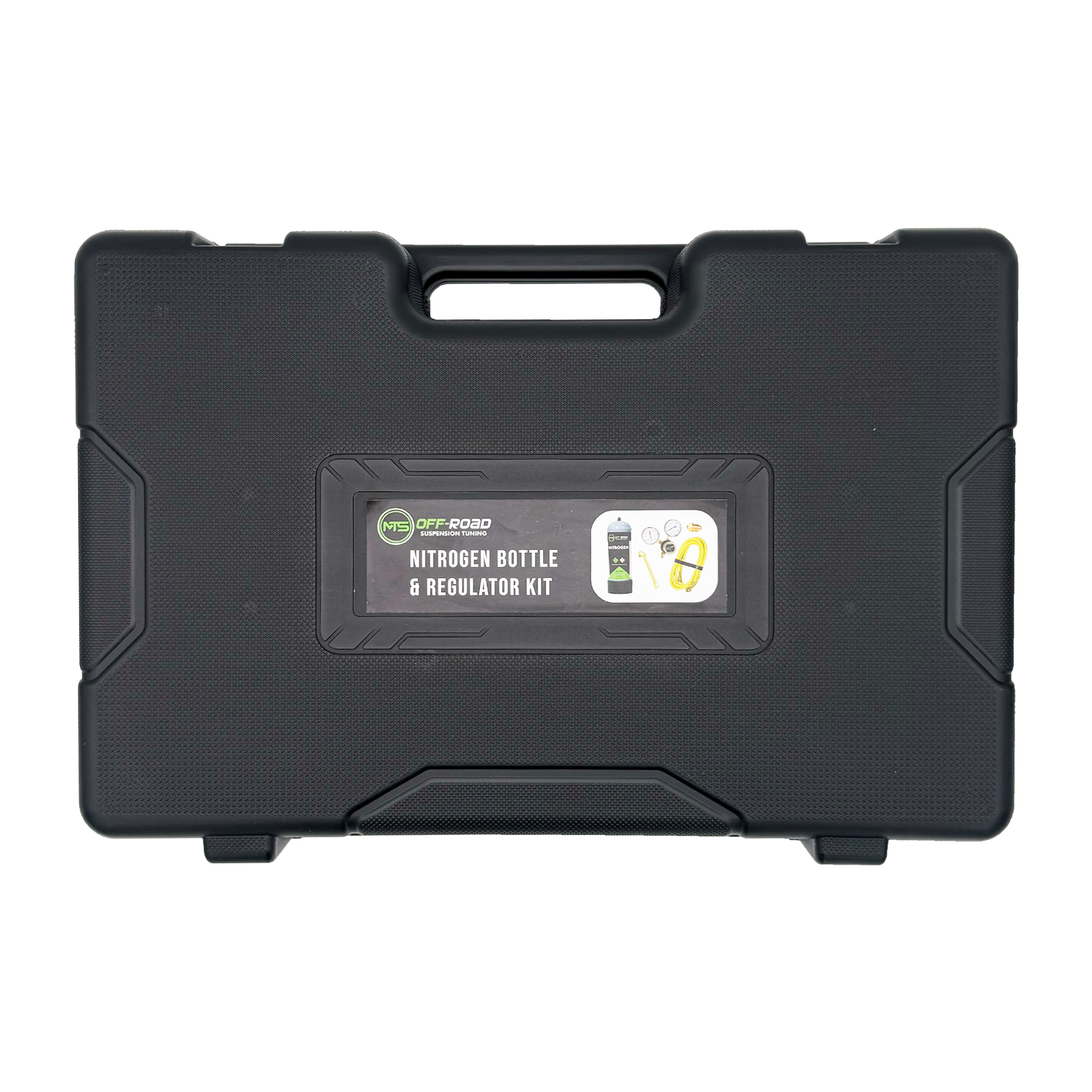 Black carrying case for a nitrogen bottle and regulator kit on a white background