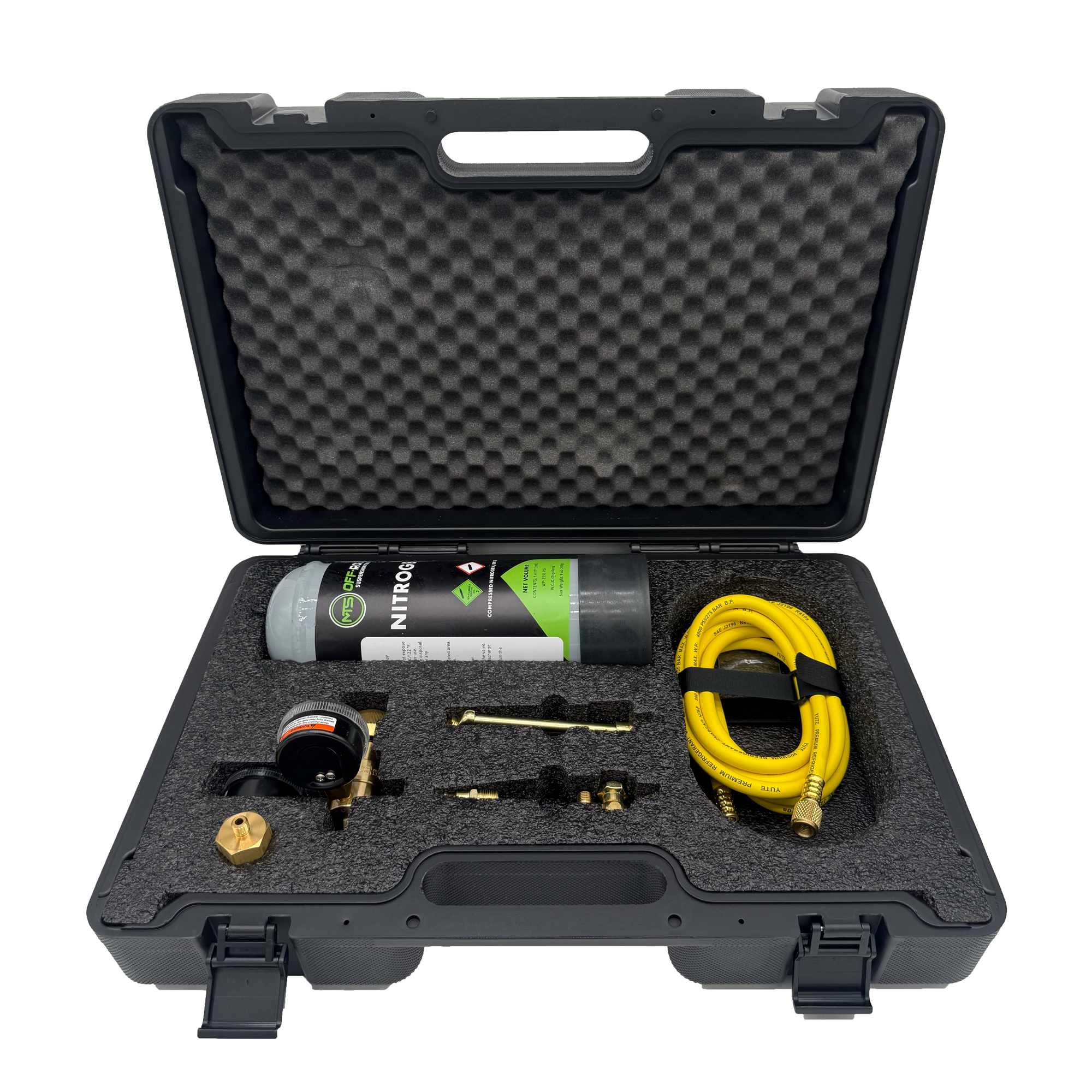 Black tool case with tools and a nitrogen canister on a white background