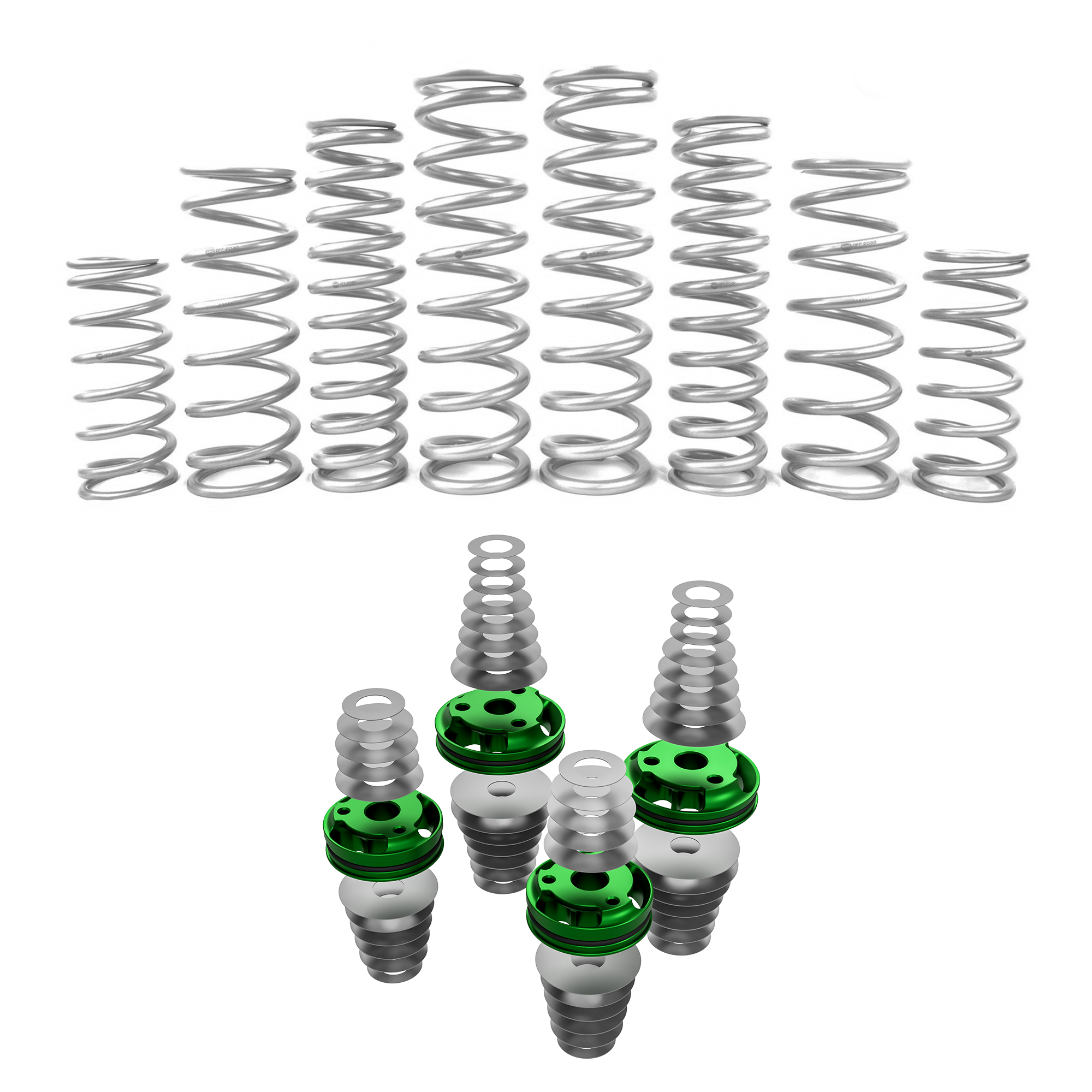 Set of metal springs with green and silver ends on a white background