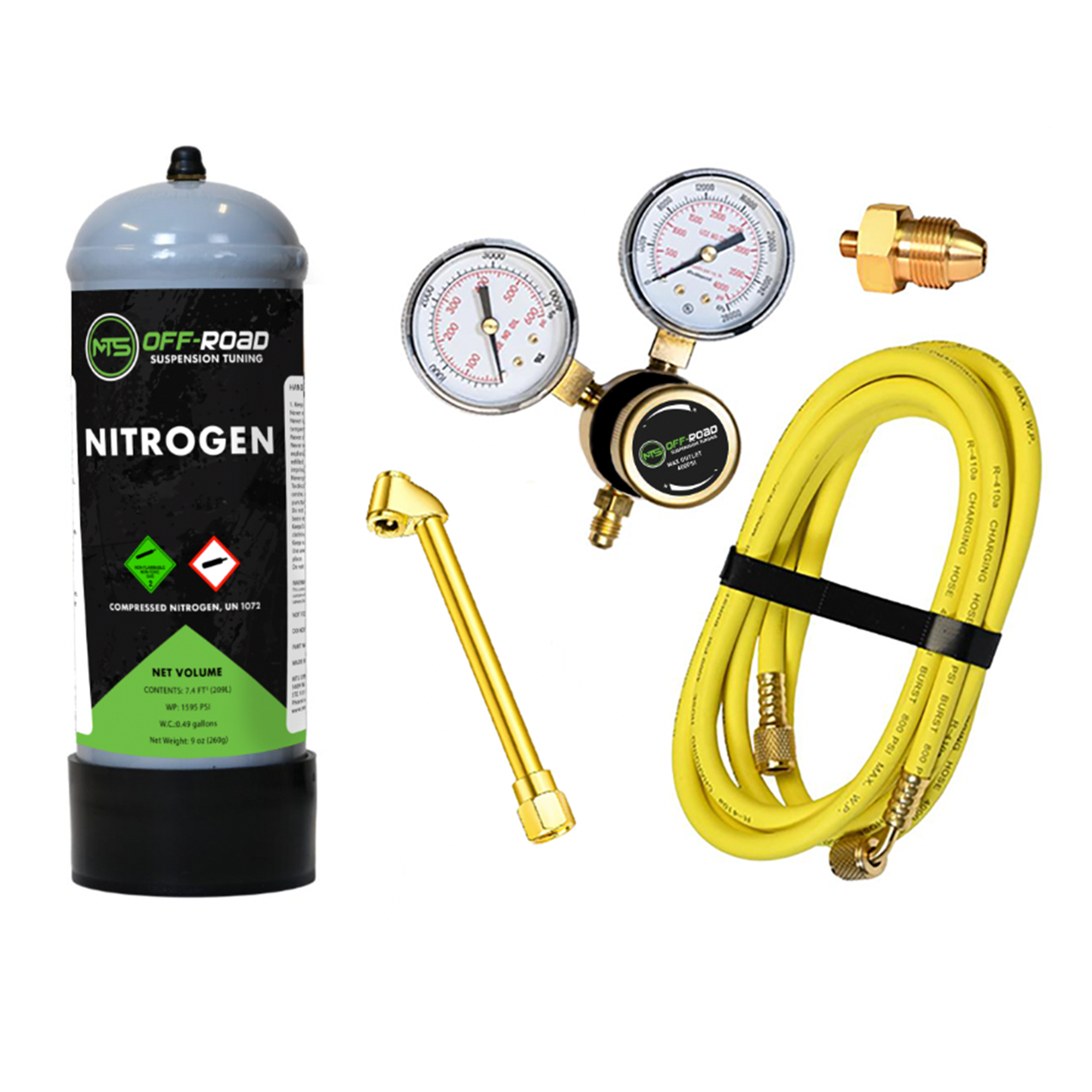 MTS Nitrogen tank, gauge set, and hose on a white background