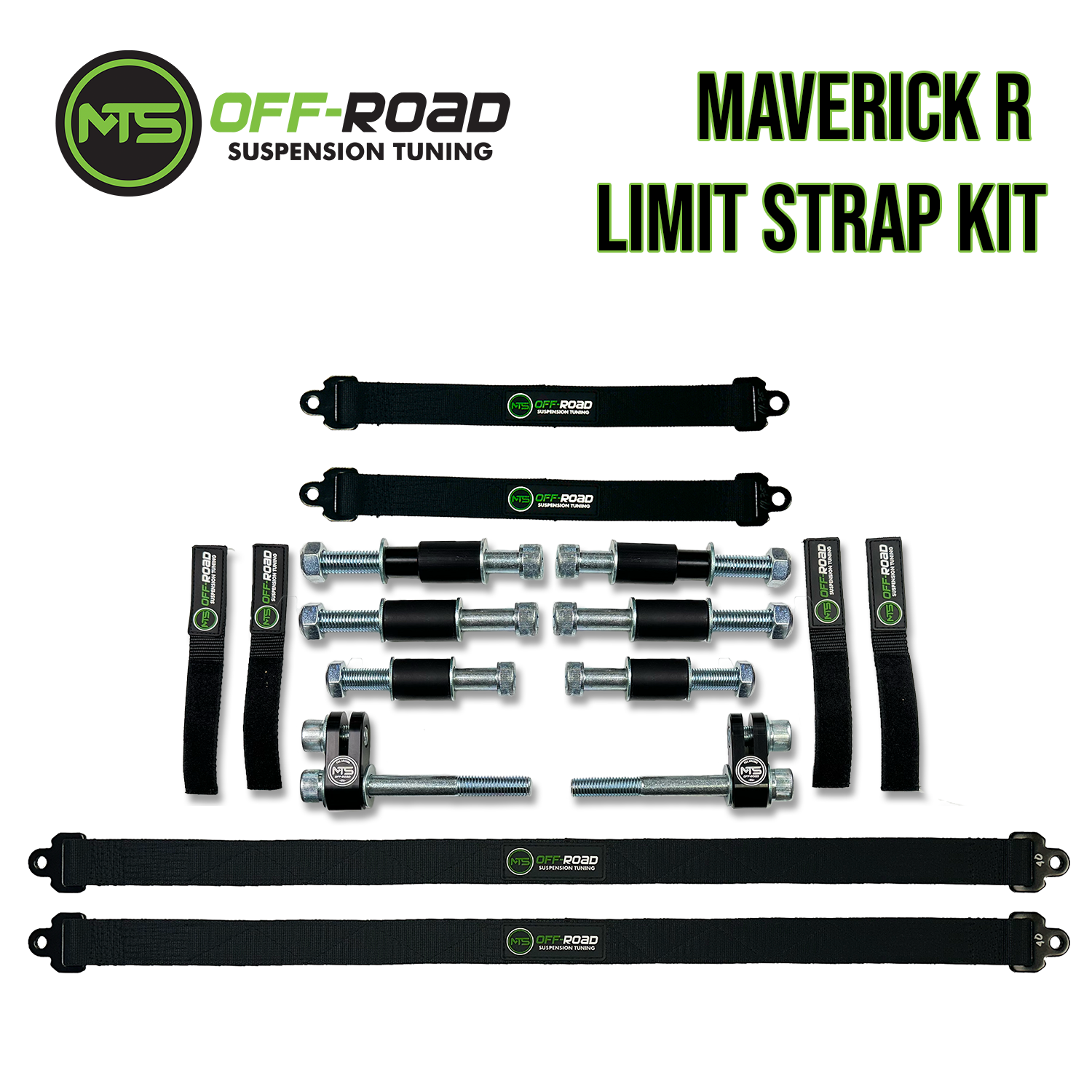 Black limit straps with metal hardware, designed for use in off-road vehicle suspension systems, with the MTS Off-Road Suspension Tuning brand visible.