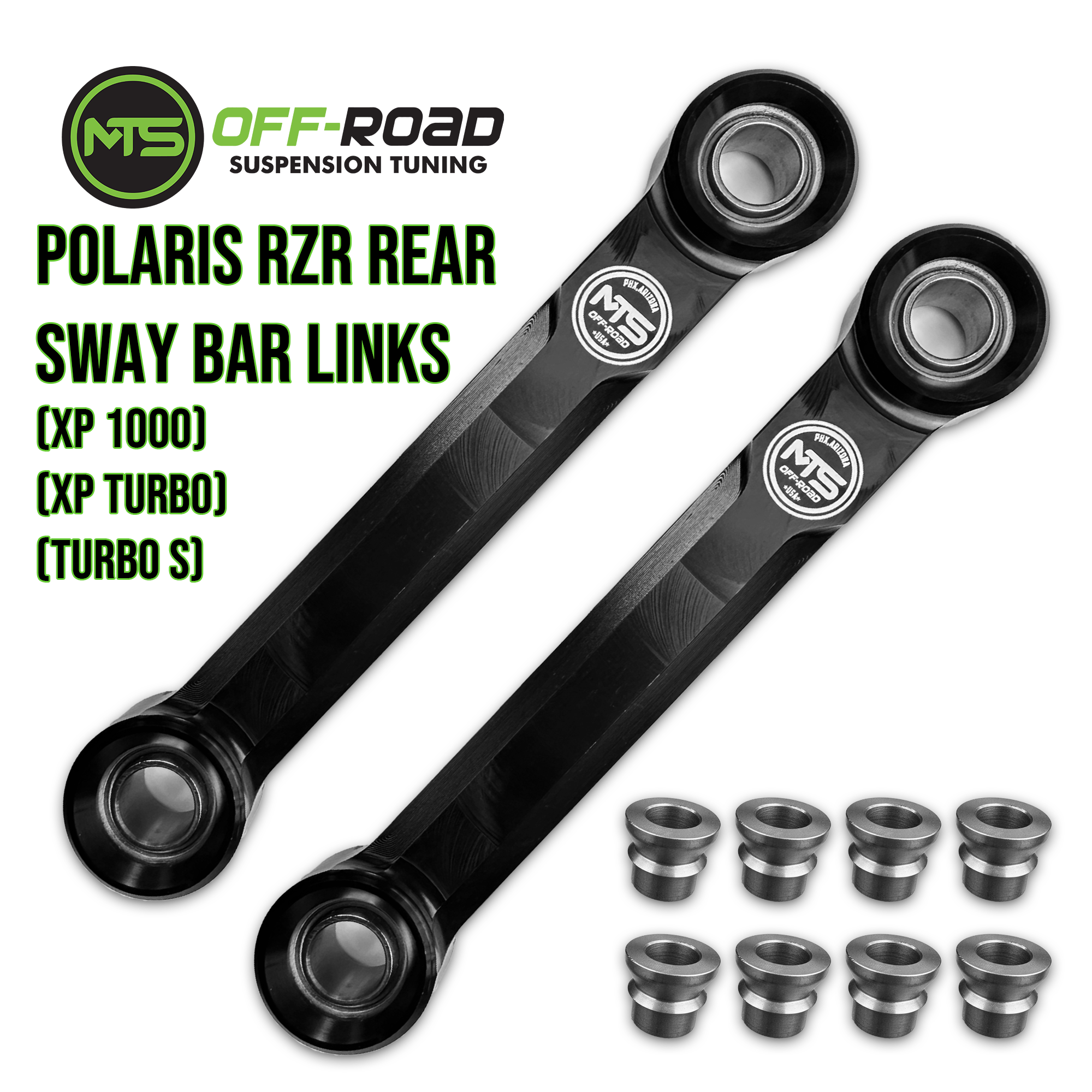 A set of black rear sway bar end links for Polaris RZR models, including components for installation.