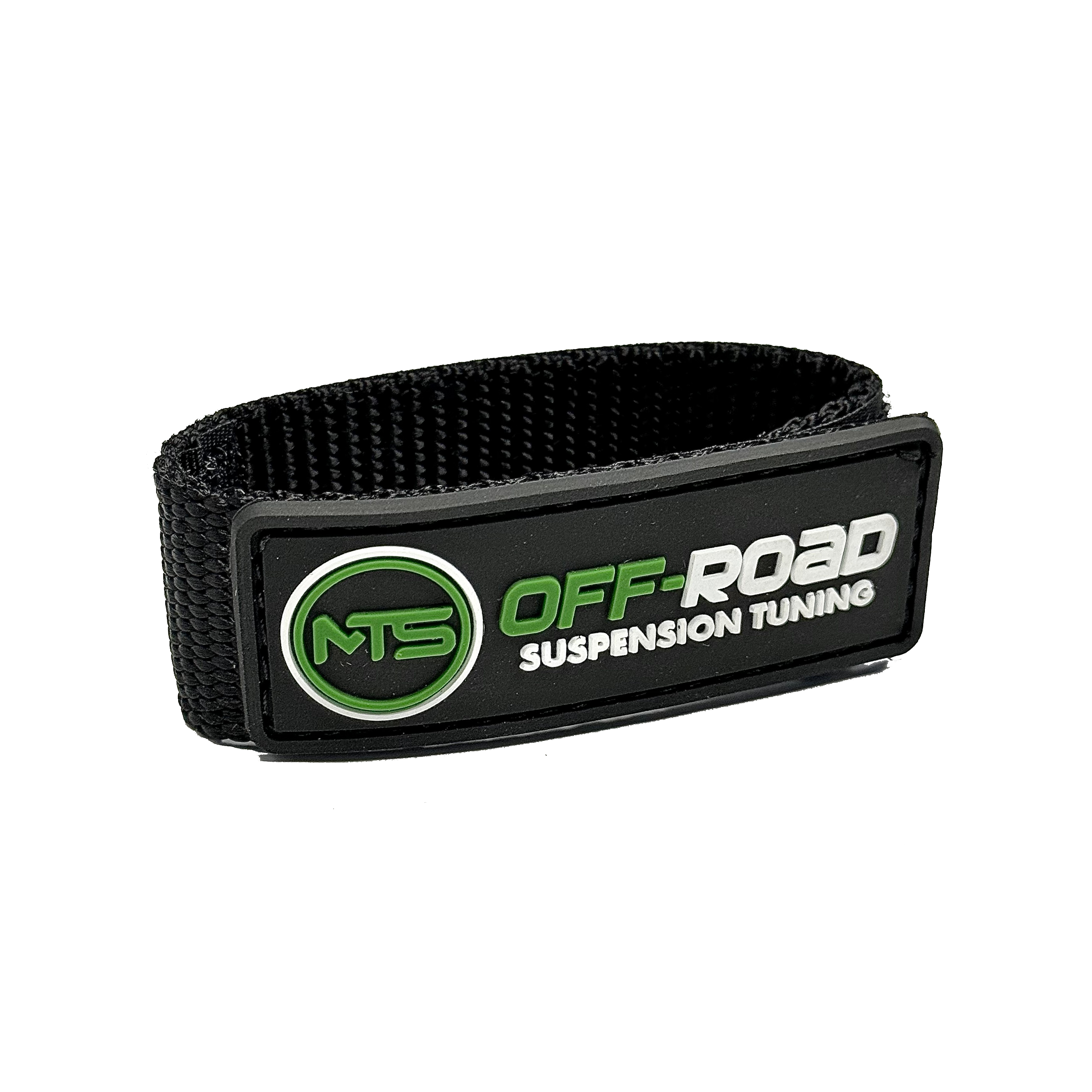 A black velcro strap with the MTS Off-Road Suspension Tuning logo on it.