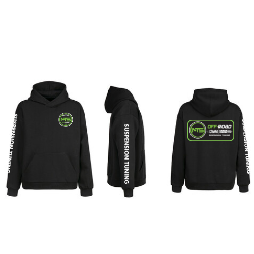 Two views of a black hoodie with green logos on the front and back, showcasing the brand 'MTS'.